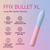 Advertisement image featuring the Femme Funn FFIX Bullet XL Vibrator - Pink by Femme Funn. The vibrator stands out against a gradient background, emphasizing its 10 distinct vibration modes, robust motor, ABS plastic build, 60-minute operation time on AAA batteries, and completely waterproof design.